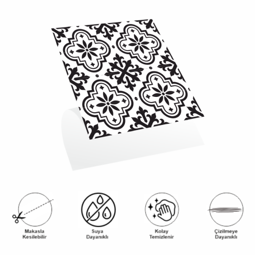 DecoHandy Pvc Duvar Karosu 30x30cm 4'lü Paket - Siyah Beyaz Çini Desen 0,36m2